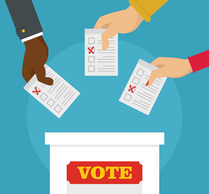 Hands putting ballots in vote box